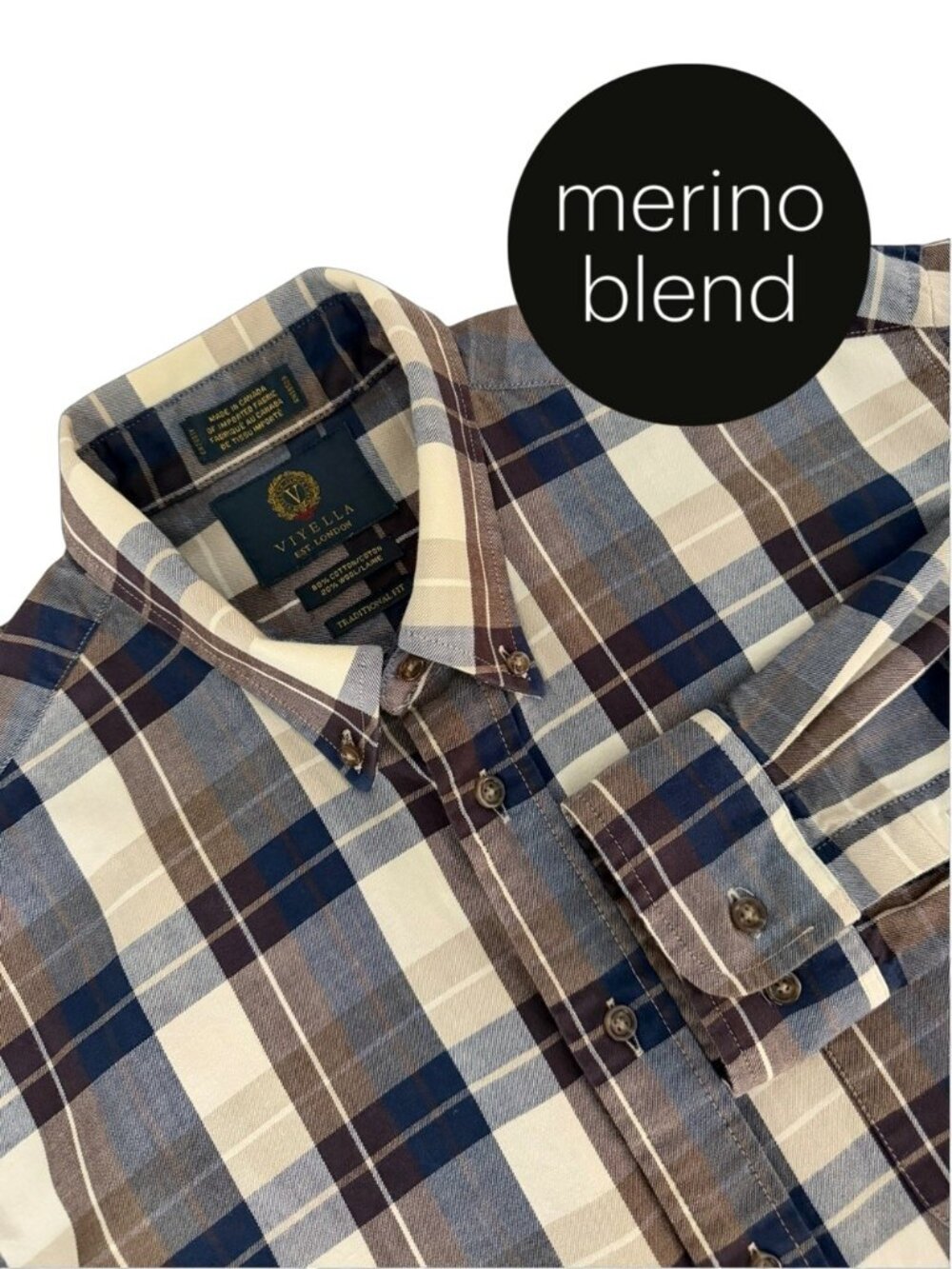 VIYELLA Blue Brown Plaid Cotton Merino Wool Blend Shirt size XL